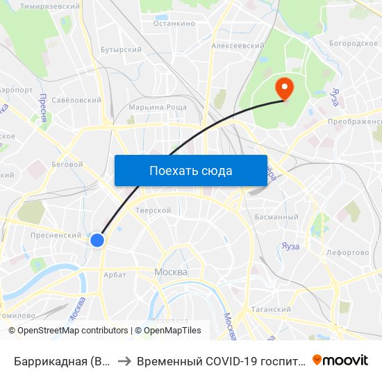 Баррикадная (Barrikadnaya) to Временный COVID-19 госпиталь в Сокольниках map