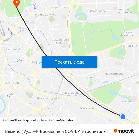 Выхино (Vykhino) to Временный COVID-19 госпиталь в Сокольниках map