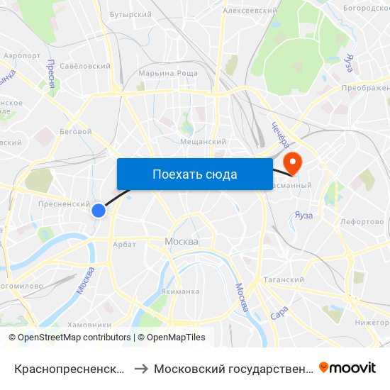 Краснопресненская (Krasnopresnenskaya) to Московский государственный строительный университет map