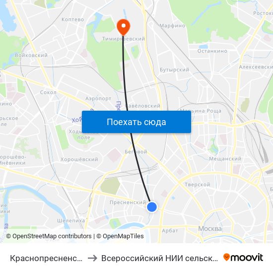 Краснопресненская (Krasnopresnenskaya) to Всероссийский НИИ сельскохозяйственной биотехнологии РАСХН map