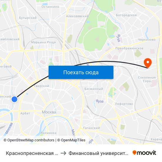 Краснопресненская (Krasnopresnenskaya) to Финансовый университет при Правительстве РФ map
