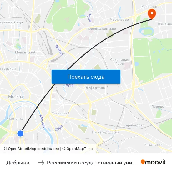 Добрынинская (Dobryninskaya) to Российский государственный университет физической культуры, спорта, молодёжи и туризма map