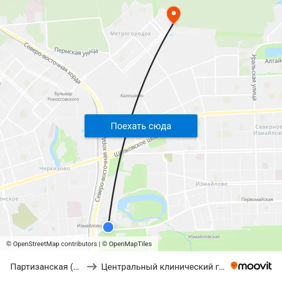 Партизанская (Partizanskaya) to Центральный клинический госпиталь ФТС России map