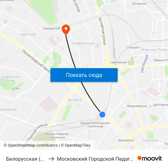 Белорусская (Belorusskaya) to Московский Городской Педагогический Университет map