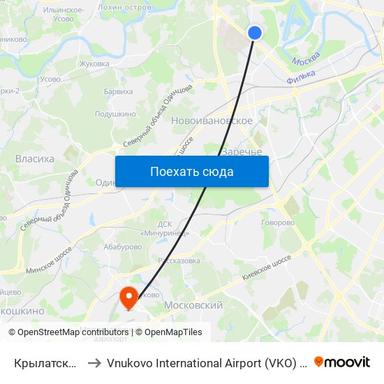 Крылатское (Krylatskoe) to Vnukovo International Airport (VKO) (Международный аэропорт Внуково) map