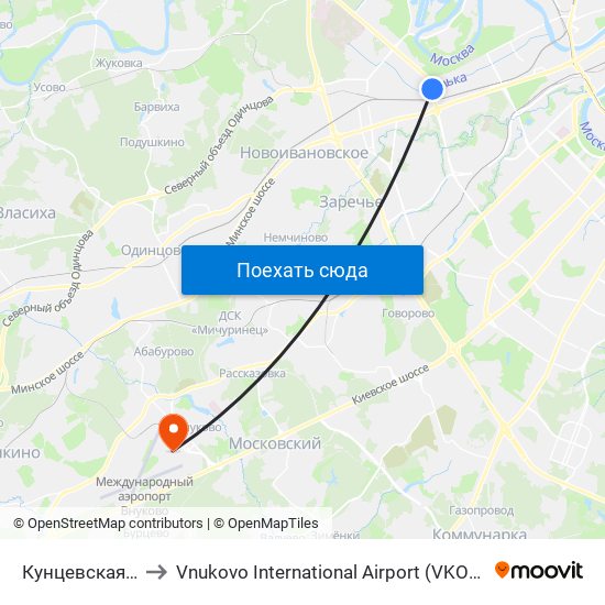 Кунцевская (Kuntsevskaya) to Vnukovo International Airport (VKO) (Международный аэропорт Внуково) map