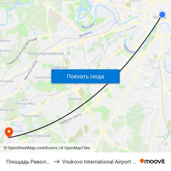 Площадь Революции (Ploschad Revolyutsii) to Vnukovo International Airport (VKO) (Международный аэропорт Внуково) map
