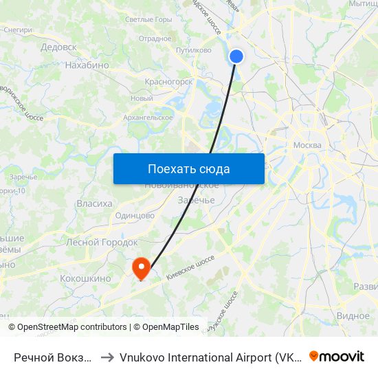 Речной Вокзал (Rechnoy Vokzal) to Vnukovo International Airport (VKO) (Международный аэропорт Внуково) map