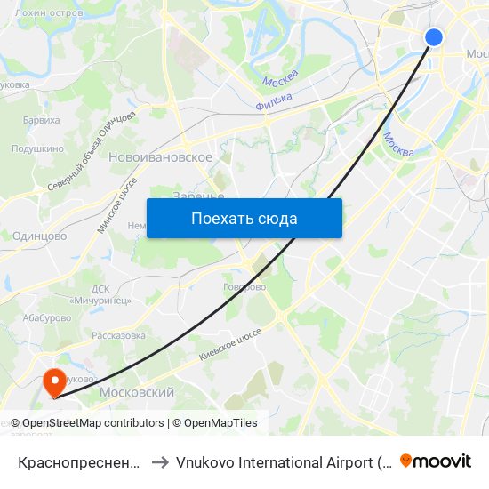 Краснопресненская (Krasnopresnenskaya) to Vnukovo International Airport (VKO) (Международный аэропорт Внуково) map