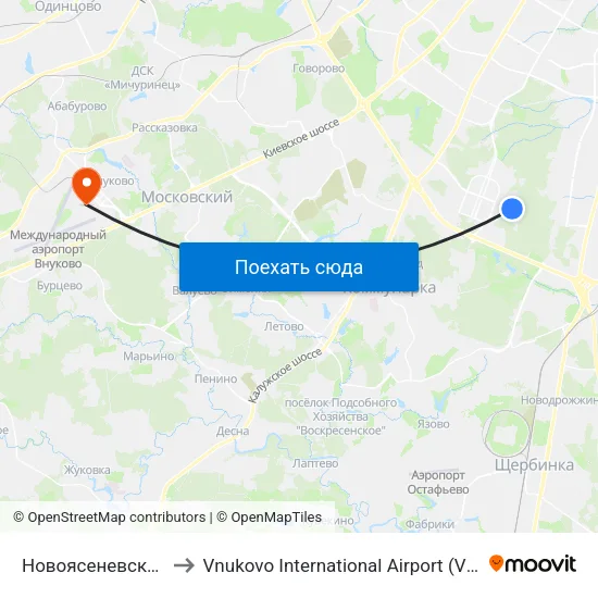 Новоясеневская (Novoyasenevskaya) to Vnukovo International Airport (VKO) (Международный аэропорт Внуково) map