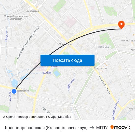 Краснопресненская (Krasnopresnenskaya) to МГПУ map