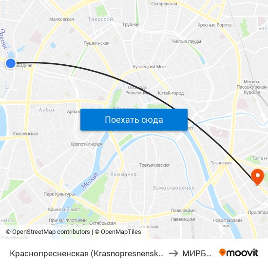 Краснопресненская (Krasnopresnenskaya) to МИРБИС map