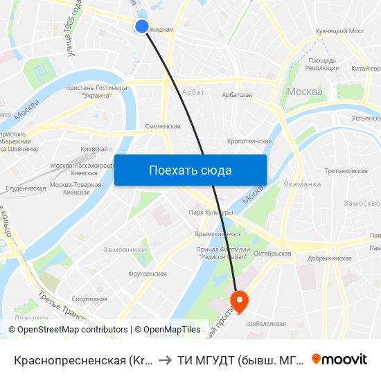 Краснопресненская (Krasnopresnenskaya) to ТИ МГУДТ (бывш. МГТУ им. Косыгина) map