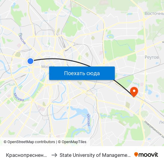 Краснопресненская (Krasnopresnenskaya) to State University of Management ( Государственный университет управл map