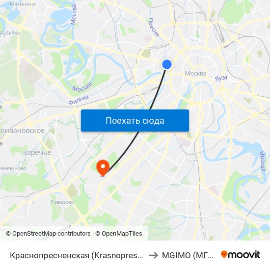 Краснопресненская (Krasnopresnenskaya) to MGIMO (МГИМО) map
