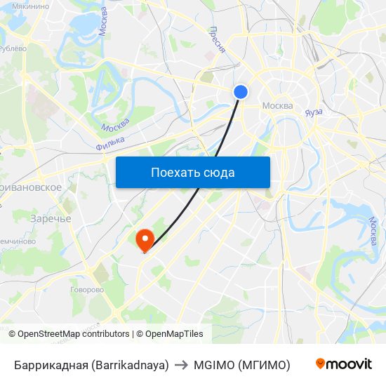 Баррикадная (Barrikadnaya) to MGIMO (МГИМО) map