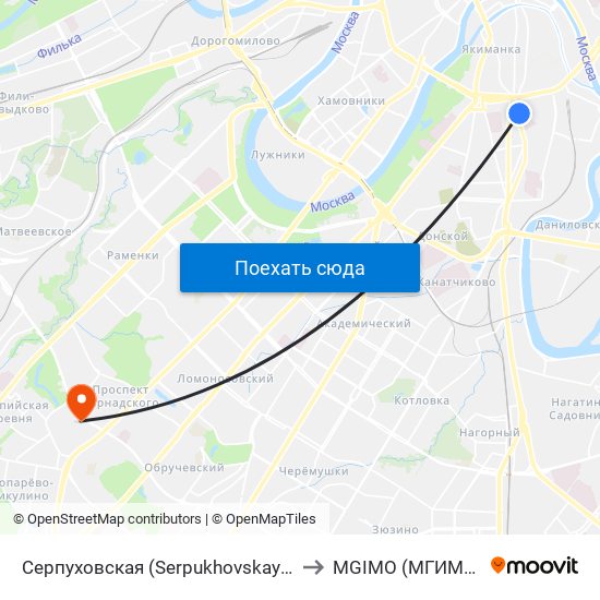 Серпуховская (Serpukhovskaya) to MGIMO (МГИМО) map