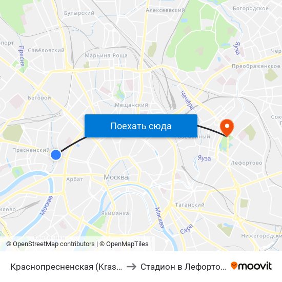 Краснопресненская (Krasnopresnenskaya) to Стадион в Лефортовском парке map