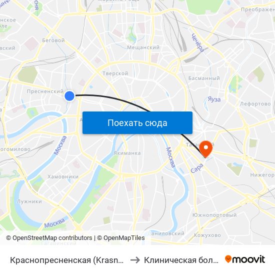 Краснопресненская (Krasnopresnenskaya) to Клиническая больница N84 map