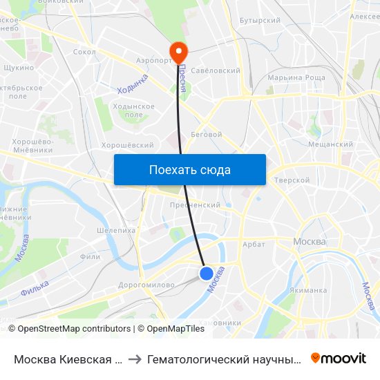 Москва Киевская (Kievsky Station) to Гематологический научный центр Минздрава РФ map