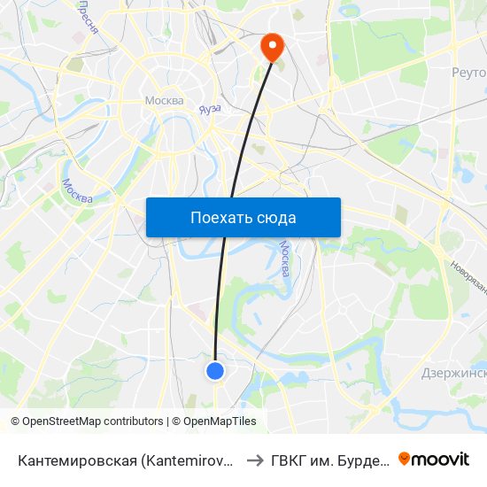 Кантемировская (Kantemirovskaya) to ГВКГ им. Бурденко map