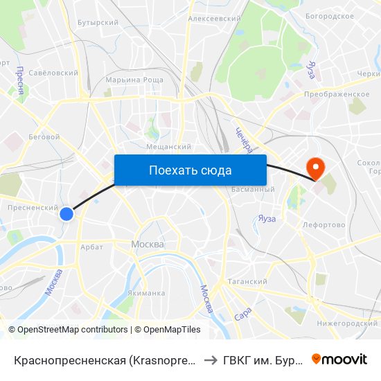 Краснопресненская (Krasnopresnenskaya) to ГВКГ им. Бурденко map