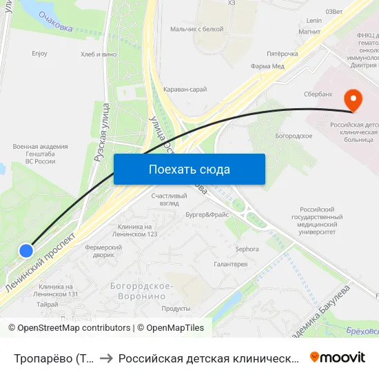 Тропарёво (Troparevo) to Российская детская клиническая больница (РДКБ) map