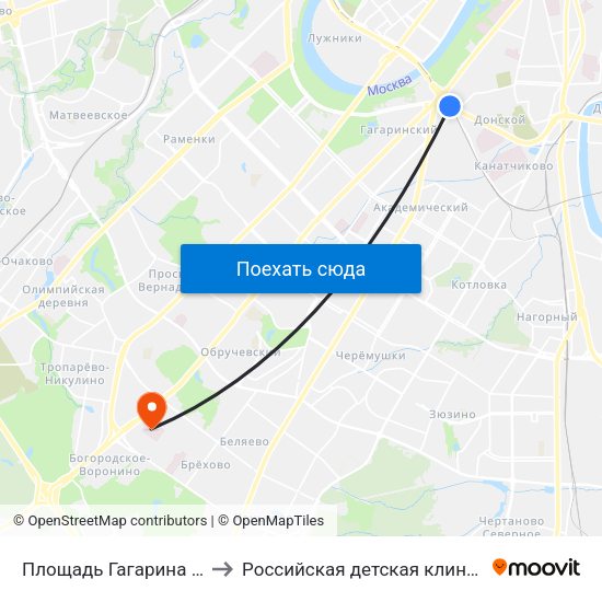 Площадь Гагарина (Ploschad Gagarina) to Российская детская клиническая больница (РДКБ) map