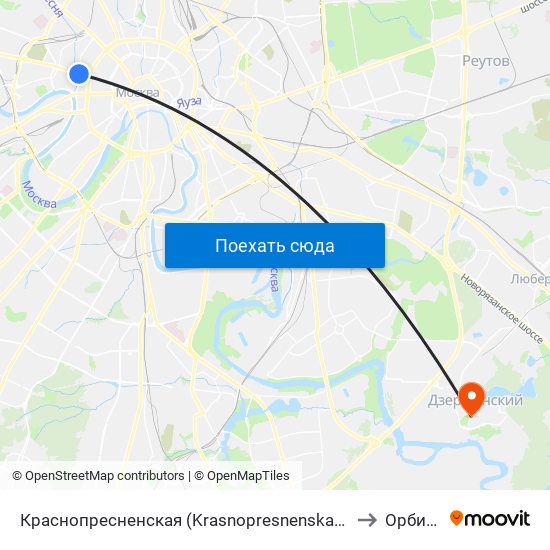 Краснопресненская (Krasnopresnenskaya) to Орбита map