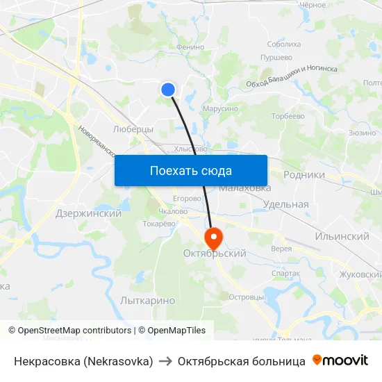Некрасовка (Nekrasovka) to Октябрьская больница map