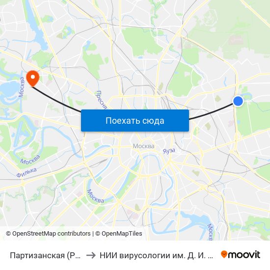 Партизанская (Partizanskaya) to НИИ вирусологии им. Д. И. Ивановского РАМН map