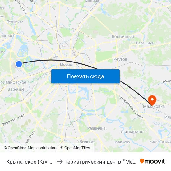Крылатское (Krylatskoe) to Гериатрический центр ""Малаховка"" map