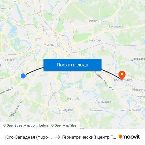 Юго-Западная (Yugo-Zapadnaya) to Гериатрический центр ""Малаховка"" map