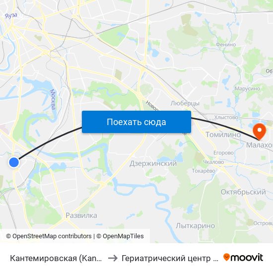 Кантемировская (Kantemirovskaya) to Гериатрический центр ""Малаховка"" map