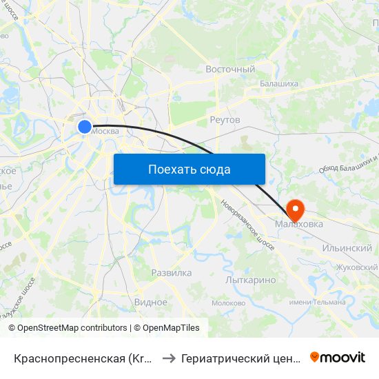 Краснопресненская (Krasnopresnenskaya) to Гериатрический центр ""Малаховка"" map