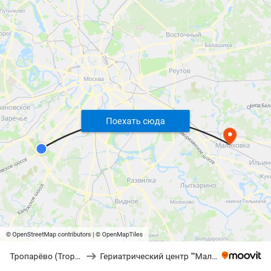 Тропарёво (Troparevo) to Гериатрический центр ""Малаховка"" map