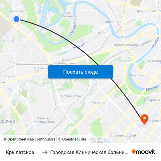 Крылатское (Krylatskoe) to Городская Клиническая больница им. В.В. Виноградова map