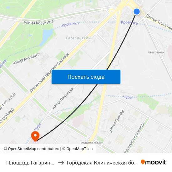 Площадь Гагарина (Ploschad Gagarina) to Городская Клиническая больница им. В.В. Виноградова map