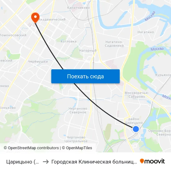 Царицыно (Tsaritsyno) to Городская Клиническая больница им. В.В. Виноградова map