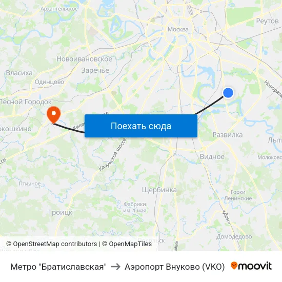 Метро "Братиславская" to Аэропорт Внуково (VKO) map