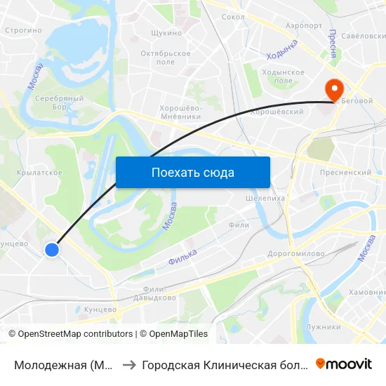 Молодежная (Molodezhnaya) to Городская Клиническая больница им. Боткина map