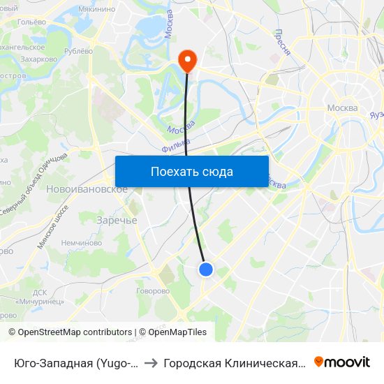 Юго-Западная (Yugo-Zapadnaya) to Городская Клиническая больница 67 map