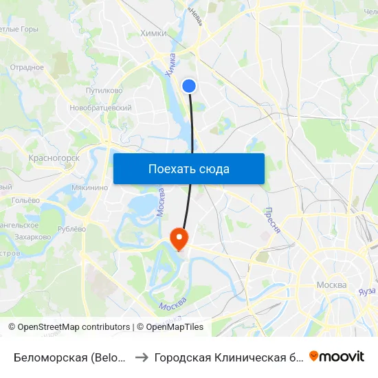 Беломорская (Belomorskaya) to Городская Клиническая больница 67 map