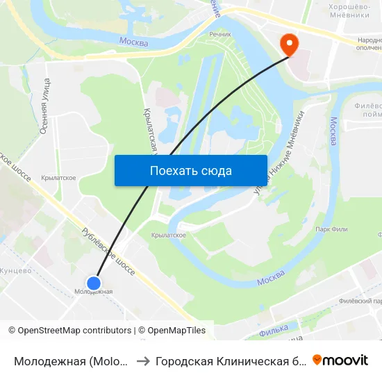 Молодежная (Molodezhnaya) to Городская Клиническая больница 67 map