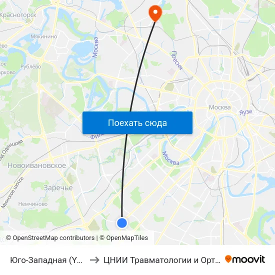 Юго-Западная (Yugo-Zapadnaya) to ЦНИИ Травматологии и Ортопедии им. Приорова map