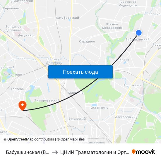 Бабушкинская (Babushkinskaya) to ЦНИИ Травматологии и Ортопедии им. Приорова map