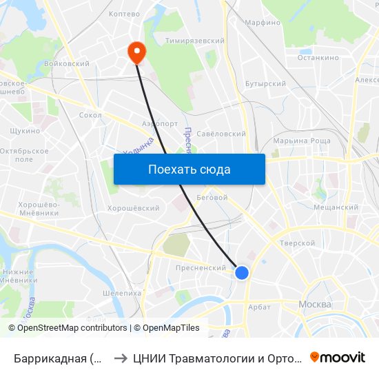 Баррикадная (Barrikadnaya) to ЦНИИ Травматологии и Ортопедии им. Приорова map