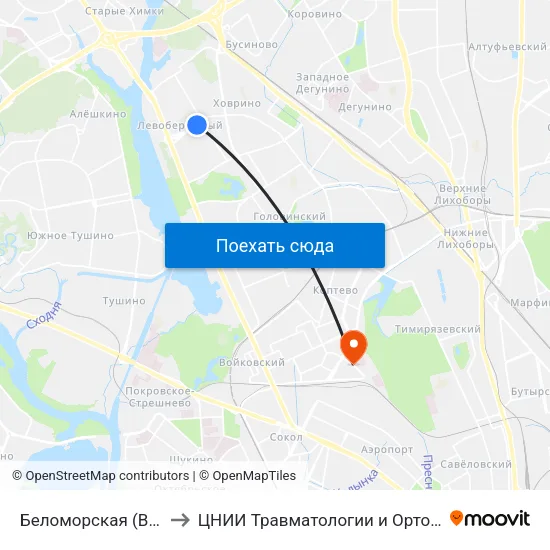 Беломорская (Belomorskaya) to ЦНИИ Травматологии и Ортопедии им. Приорова map