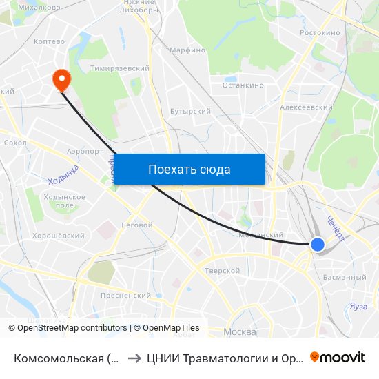 Комсомольская (Komsomolskaya) to ЦНИИ Травматологии и Ортопедии им. Приорова map