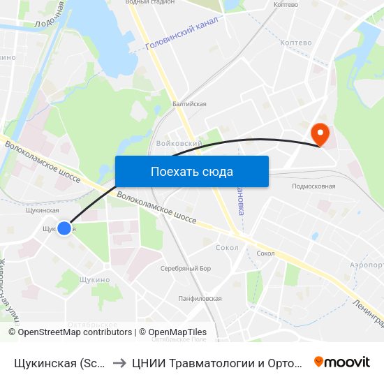Щукинская (Schukinskaya) to ЦНИИ Травматологии и Ортопедии им. Приорова map